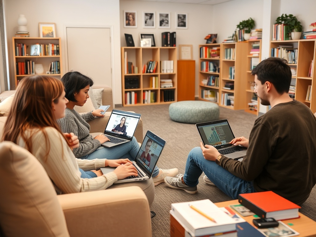 Трое людей сидят на диване с ноутбуками в уютной библиотеке, занимаются учебой и общением.