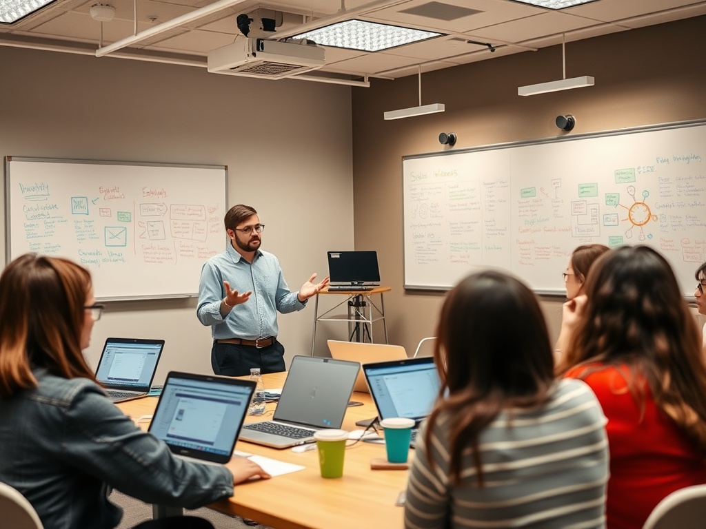 На заседании деловая обстановка: мужчина выступает перед группой слушателей, обсуждая идеи на экране.