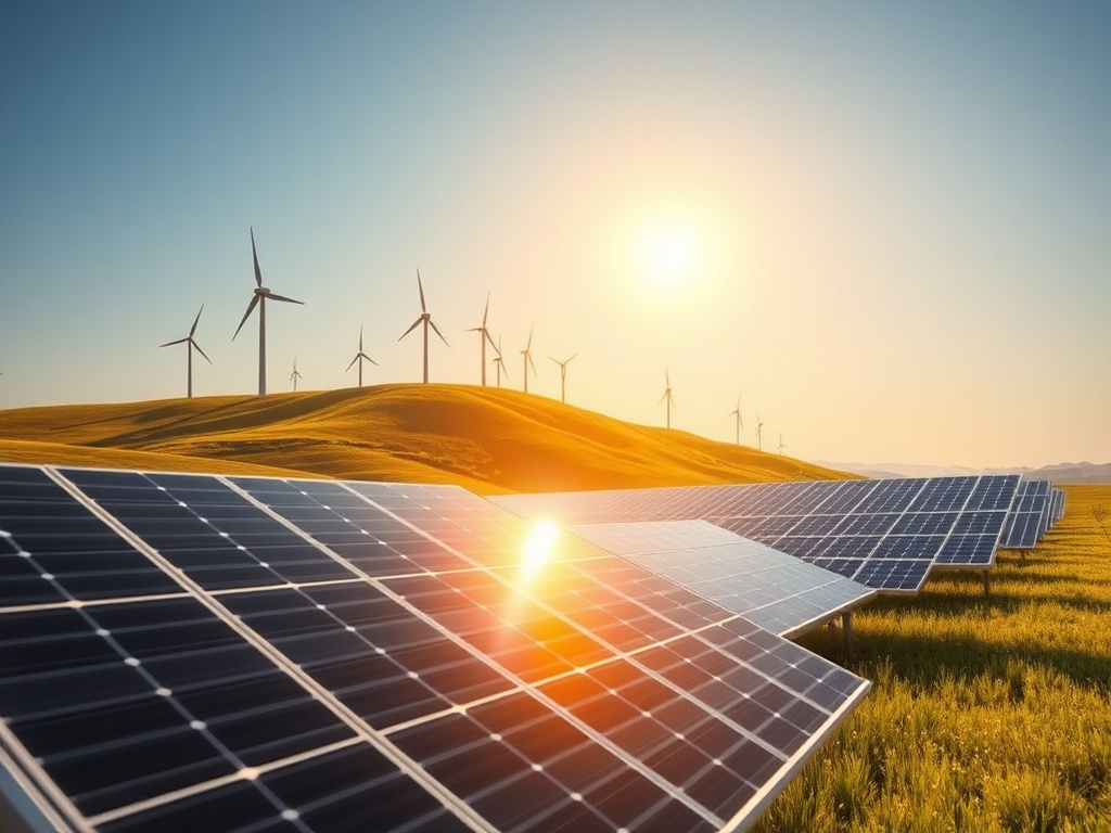 Солнечные панели на фоне ветряных турбин и восходящего солнца на зелёном холме.