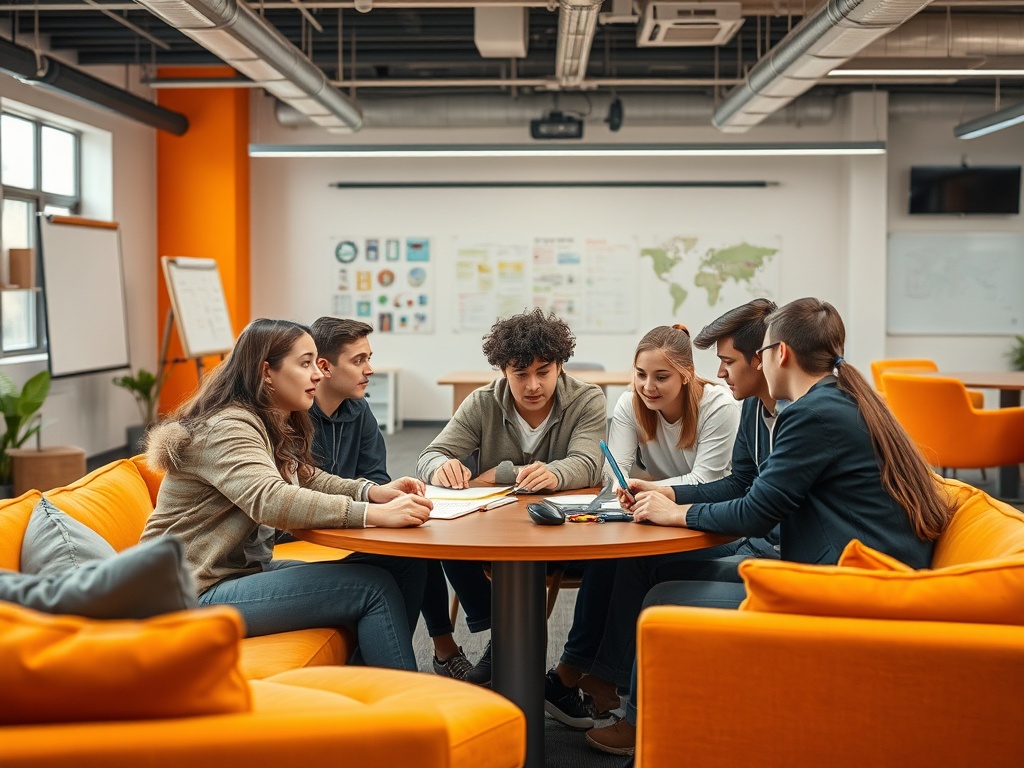 Группа молодых людей обсуждает идеи за круглым столом в современном офисе с яркими интерьерами.